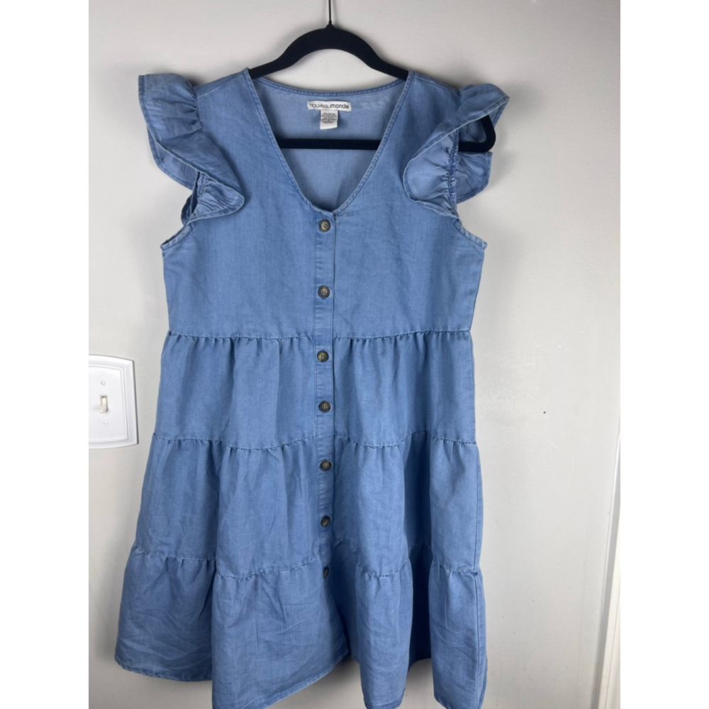 Nouveaumonde Small Blue Chambray Tiered Babydoll Dress Ruffle Sleeves Cottagecor